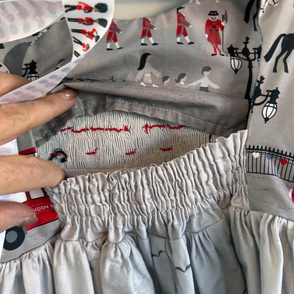 Handmade one of a kind girl's smocked dress, London Print - Picture 9 of 12